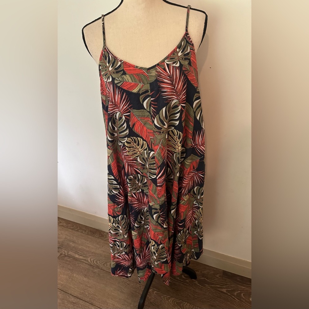 Time and Tru linen cotton botanical leaf maxi/midi dress swing style SZ XL